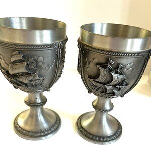 Rein Zinn Vintage Chalice Goblet Nautical Tall Ships Navy 5 3/4" Pewter Set of 2